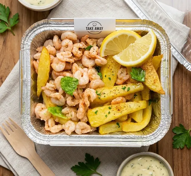 Crispy golden shrimp and french fries box from Family Pot Saranda – traditional Mediterranean seafood takeaway