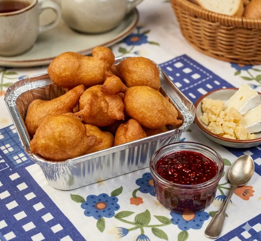 Box of traditional Albanian Petulla donuts with honey and cheese in Saranda